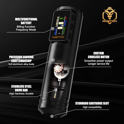 Ambition Ninja Max V2 Tattoo Gun Wireless Tattoo Machine with Extra 1700mAh Power Supply Coreless Motor Digital LCD Display Rotary Cartridge Battery Pen for Professionals Tattoo Artists
