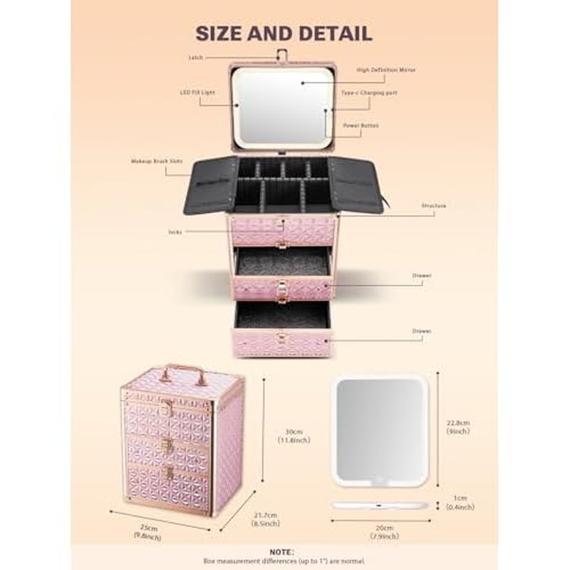 Makeup Box with Double Drawers and A Detachable Lighted Mirror, Waterproof Travel Train Case, Cosmetic Organizer and Makeup Suitcase with Adjustable Dividers, Magnetic LED Mirror (Sparkling Pink)
