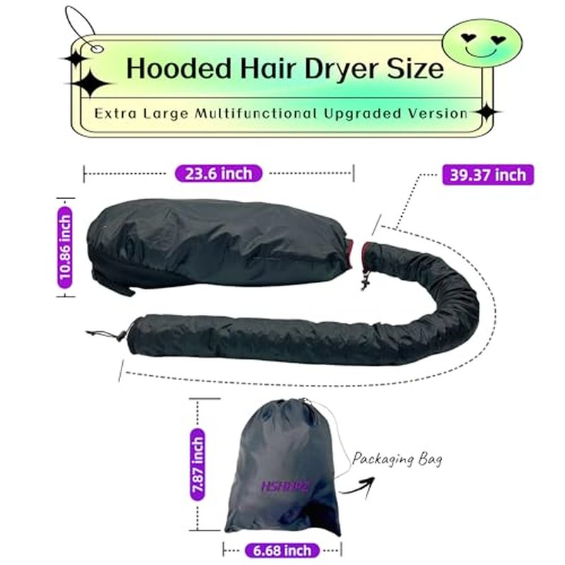 Hooded Hair Dryer for Curly Hair, Large Adjustable Blow Dryer Cap, Portable Hair Dryer Bonnet Attachment, Soft Diffuser for Fast Drying & Deep Conditioning, Headband Integrated Design (Black)