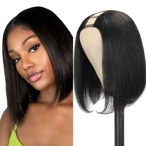 U Part Wig Human Hair Straight Bob Wigs For Women Brazilian Remy Hair Short Bob Human Hair Wigs Clip in UPart Wig Human Hair Natural Black Color 8 Inch