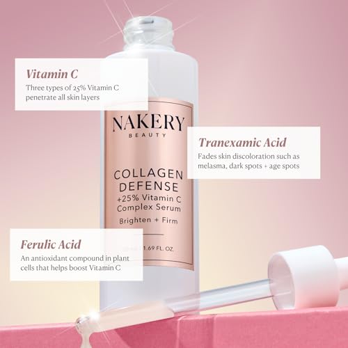 Nakery Collagen Defense Face Serum, 25% Vitamin C Complex with Niacinamide and Peptides, Anti Aging Collagen Booster for Wrinkles and Dark Spots, Brightening Skin Treatment, Made in USA
