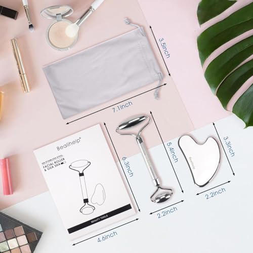 Face Roller and Gua Sha, Stainless Steel Facial Roller and Guasha Tool for Face, Skin Care Roller for Wrinkles and Lifting, Improve Puffiness, Metal Face Massager for Eyes, Neck Tighten