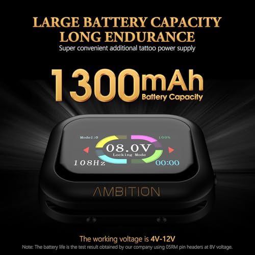 Ambition Tattoo Power Supply S1 Touch Screen Tattoo Battery Silicone Wristband Supply Portable RCA Tattoo 1600mAh Lithium Battery Pack with LCD Touch Display for Rotary Tattoo Machine