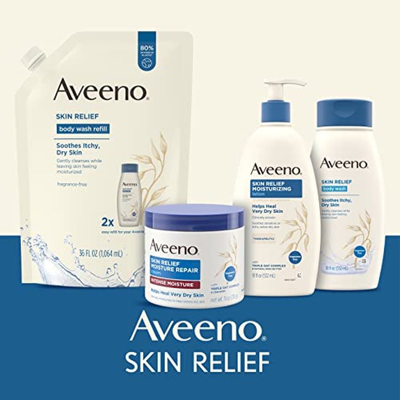 Aveeno Skin Relief Fragrance-Free Moisturizing Lotion for Sensitive Skin, with Natural Shea Butter & Triple Oat Complex, Unscented Therapeutic Body Lotion for Itchy, Extra-Dry Skin, 18 fl. oz
