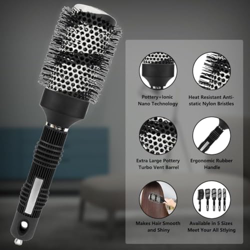 5pcs Round hair Brush Set for Blow Drying Curling, Professional curly hair brushBrush Leaves Hair Shiny Heat Styling Brush 5 Different Sizes Works Very Well with The Blow Dryer