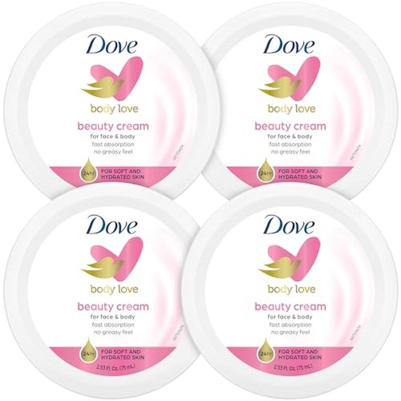 Dove Lotion, Beauty Cream - Light, Fast-Absorbing Face and Body Cream for Normal to Dry Skin, 24-Hour Moisture, Luxuriously Scented Face Cream, Hand & Body Lotion, Travel Size, 2.53 Fl Oz (Pack of 4)