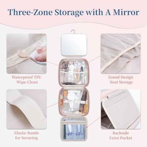 GLINT & GLIDE Travel Makeup Bag with Mirror-Hanging Toiletry Large Capacity, Organizer Toiletries Bag, Portable Cosmetic Case for Women and Girls, Pink