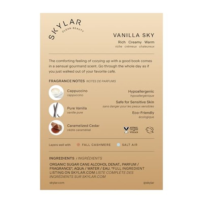 Skylar Vanilla Sky Eau de Parfum -Hypoallergenic & Clean Perfume for Women & Men, Vegan & Safe for Sensitive Skin- Notes of Cappuccino, Vanilla & Caramelized Cedar - 50mL /1.7 Fl oz