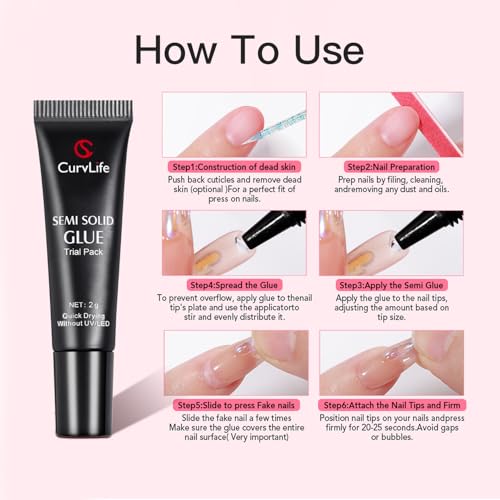 CurvLife Nail Tips Semi Solid Nail Glue 2g (5pcs) - Super Strong, Soft Glue Gel Quick Drying Adhesive for Press On Nails, No UV Light Needed