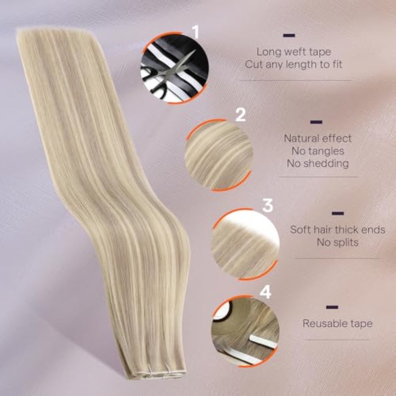 Full Shine Blonde Tape in Hair Extensions Human Hair Color 18 Ash Blonde And 613 Blonde Tape in Weft Hair Extensions Human Hair Invisible Skin Weft Tape ins 24Inch 50G One Piece Natural for Full Head