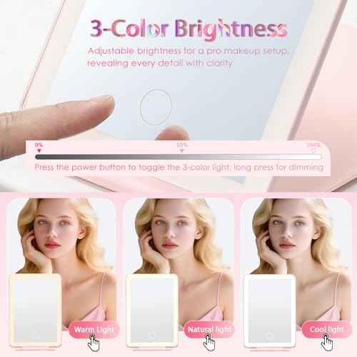 Makeup Case with Lighted Mirror Travel Makeup Organizer Box 2 Trays Lockable Cosmetic Train Case with Movable LED Mirror for Girls Make Up Nail Kits Sewing Vanity Storage Case Shiny Pink