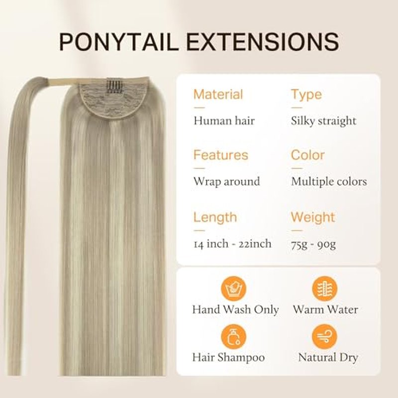 DOORES Human Hair Ponytail Extension Clip in Hair Extensions Balayage Ash Blonde Highlighted Platinum Blonde 20 Inch 90g Real Hair Extensions Wrap Around Ponytail Long Straight Ponytail Hairpiece