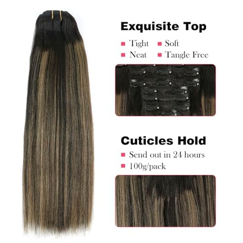 Sassina Yaki Clip in Hair Extensions Human Hair for Black Women Invisible Clip in Human Hair Extensions Natural Black to Strawberry Blonde Real Remy Human Hair 7Pcs 20Inch 120 Grams