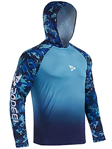 Rodeel Men's UPF 50+ Performance Fishing Hoodie, Long Sleeve Sun Protection Quick-Dry Breathable Athletic Tee