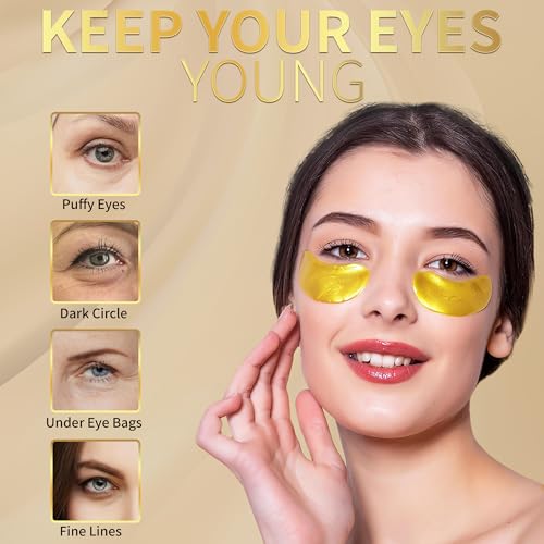 24K Gold Under Eye Patches (20 Pairs) Anti-Wrinkle Hydrogel Eye Mask with Collagen & Hyaluronic Acid -Reduces Dark Circles, Puffiness & Fine Lines - Eye Treatment for Men & Women