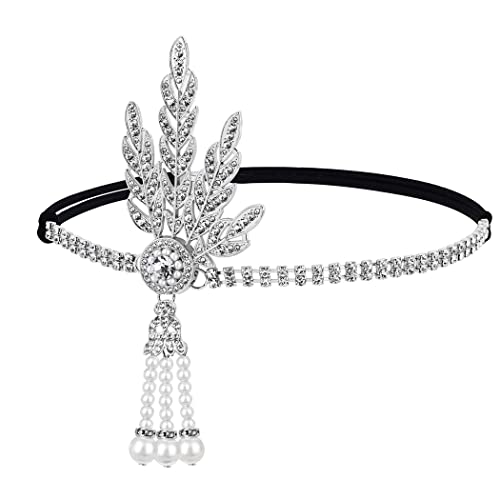 GORTIN 1920's Flapper Headband Leaf Rhiestones Headpiece Pearl Tassel Head Bands Bridal Flapper Hair Accessories Head Chain for Women (Sliver)