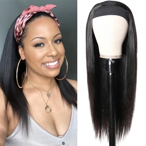 Headband Wig Human Hair Straight Headband Half Wigs Human Hair Brazilian Glueless Human Hair Wigs None Lace Front Wigs Machine Made Wigs 150% Density Natural Color 18 Inch