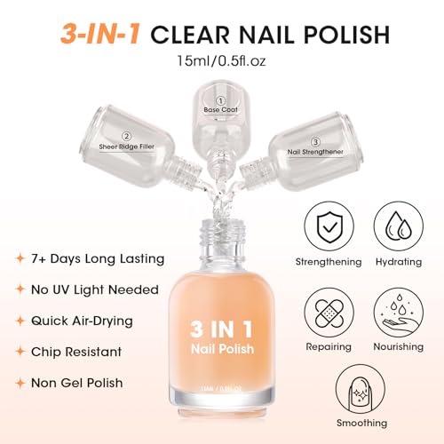 GELLEN Clear Nail Polish Ridge Filling Base Coat, Nail Strengthener and Growth, Ridge Filler For Nails, Hydrate Strengthen Nourish Damaged Dry Natural Nails, Shea Butter & Vitamin E & Protein Formula