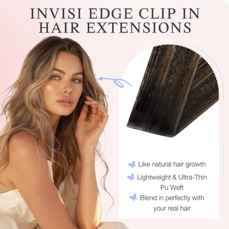 DOORES Hair Extensions Real Human Clip in 18 inch 130g 7pcs Invisi Edge, Seamless Clip in Hair Extensions Invisible Clipins Virgin Injected Skin Weft, 2/6/2 Dark Brown to Chestnut Brown