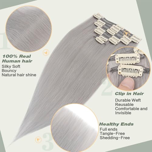 Clip in Hair Extensions Human Hair S-noilite Gray Human Hair Short Hair Clip in Extensions Full Head 8 Pieces/18 Clips 100% Real Human Hair Silky Straight 10"-70g Light Gray (#G1)