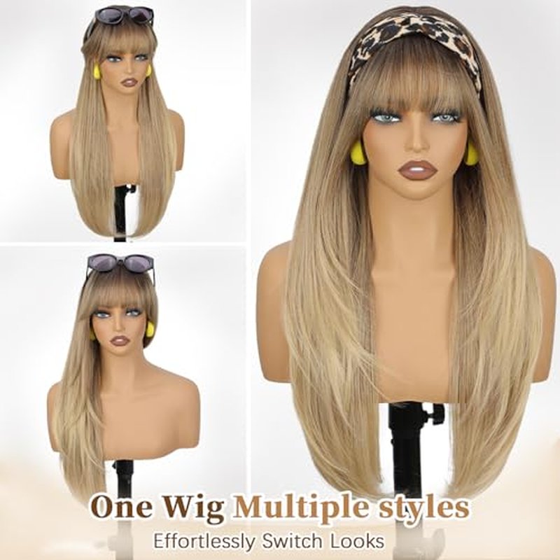 Blonde Wig with Bangs, 4x4 Realistic Scalp, Free Parting, Long Ombre Blonde Layered Wigs for Women, Realistic Natural Looking Heat Resistant Synthetic Wigs for Daily Party Cosplay Use 26Inch