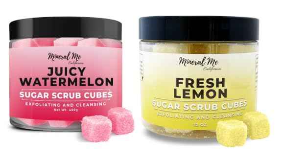 Body Scrub Exfoliator - 12oz WATERMELON Sugar scrub cubes w/Mango Butter & Shea butter, Body Scrub Exfoliator - 12oz FRESH LEMON Sugar scrub cubes, Hydrating & Moisturizing, For all body exfoliation