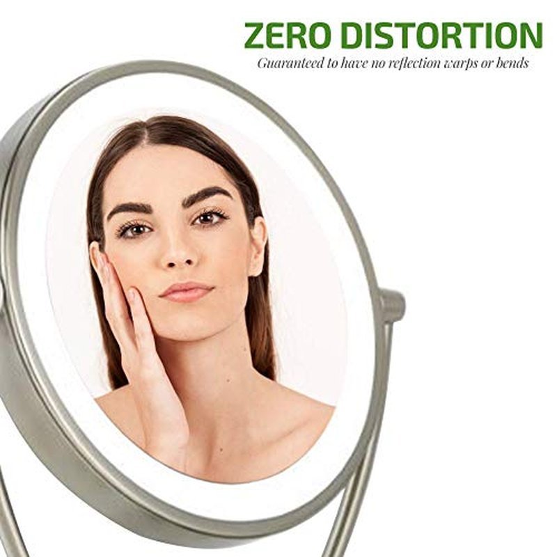 Ovente Lighted Tabletop Makeup Mirror 9.5 Inch LED Dimmable 1X 5X Magnifier 360 Adjustable Double Sided Battery USB Operated Bedroom Lamp Vanity Cosmetic Professional Large Nickel Brushed MLT45BR1X5X