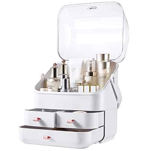 Large Makeup Organizer w Drawers Beauty Organizer Makeup Box Holder Vanity Organization Desk Countertop MakeUp Organizers Bathroom Counter Organizer Skincare Cosmetic Case Stand Dustproof Lid Gift