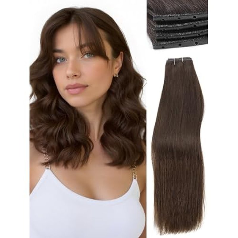 WIGNEE Double Invisible PU OVO Human Hair Extensions 100% Remy Hair Weft Brown Hair Extensions Human Hair 2 PCS 12 Inch No Glue Wefts Micro Bead Real Human Hair Extensions (2)