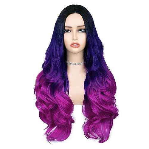 Quantum Love Long Purple Wavy Wigs Ombre Purple Body Wave Mermaid Hair Wig for Women Middle Part Colorful Curly Synthetic Hair for Halloween Cosplay Daily Party Use