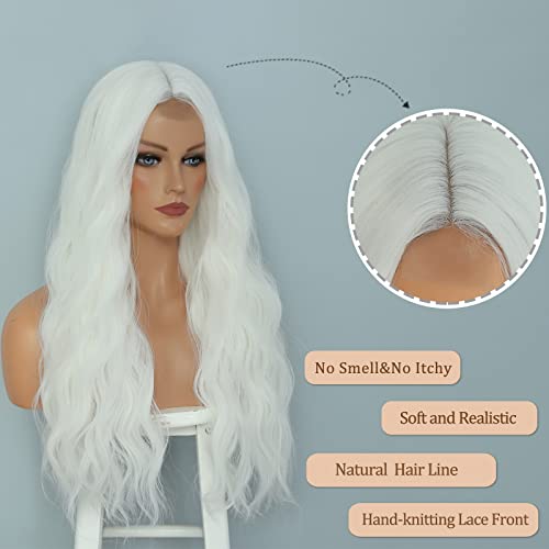 White Wig - Long White Wavy Wigs for Women Middle Part Cosplay Wigs 26 inch Natural Curly Synthetic Wig Heat Resistant Fiber Wigs for Daily Party Use