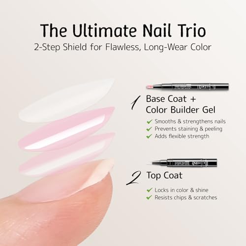 2 Step Nail Polish Pens Set, 6 Pcs Nude Natural Color Builder Base 1 Piece Top Coat Fingernail Toenail Gel Series for Women, Hema Free High Gloss Long Last Portable Ideal Gift (U V Needed)