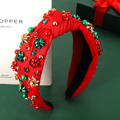 Christmas Headbands for Women Xmas Bow Tree Snowflake Headbands Jeweled Crystal Pearl Knotted Headband Holiday Hair Accessories Party Gifts (Xmas Bow 2)