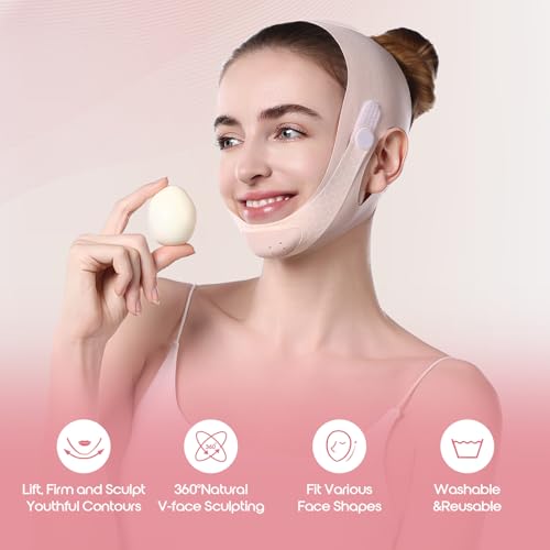 Graphene Chin Strap for Sleeping, Reusable V Line Lifting Mask Double Chin Reducer for Face Lift,Jaw Exerciser,Double Chin Eliminator for Women,Face Slimming Strap,Face lifting Mask,22.44in*8.39in