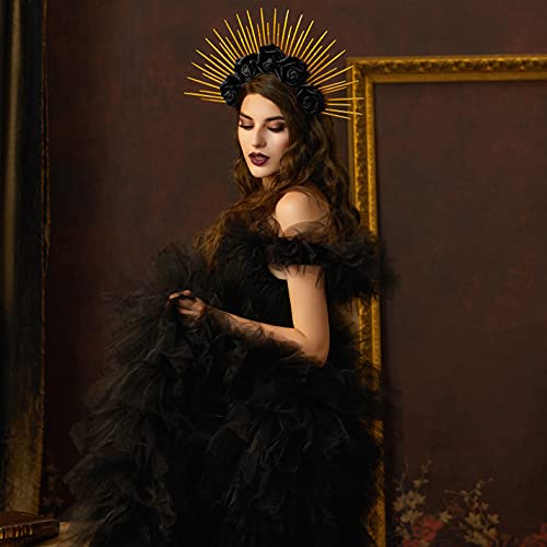 Fantherin Halo Crown with Roses Womens Mexican Flower Goddess Rose Spiked Sun Headpiece for Cosplay Halloween Costume