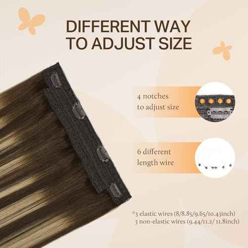 DOORES Wire Hair Extensions 14 Inch 75g Remy Human Wire Hair Extensions Invisible Transparent Line Adjustable Hairpieces Secret Extensions Straight Hair Balayage Chocolate Brown to Honey Blonde