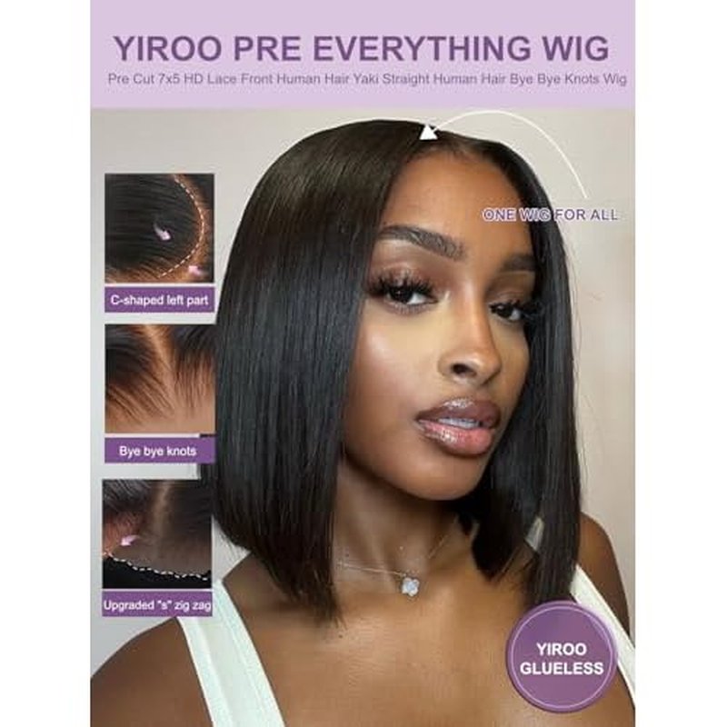 YIROO Yaki Straight Bob Human Hair Drawstring Wigs Pre Cut 7x5 HD Lace Front Wig Bye Bye Knots Glueless Yaki Short Bob Human Hair Wigs Pre Plucked Invisible Knots 150% Density Ready to Go 10Inch