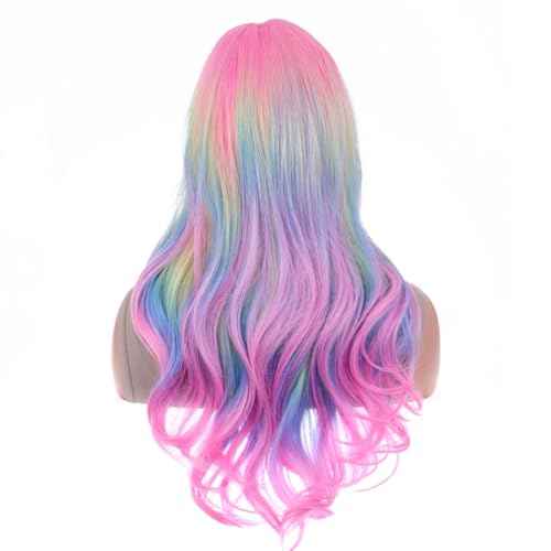 ANESHE Rainbow Ombre Wigs Colorful Ombre Wavy Wig for Women Long Curly Heat Resistant Synthetic Hair Wigs for Cosplay Party