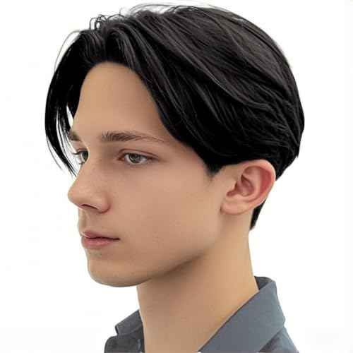 Mens Black Short Wig Middle Part Layered Straight Fluffy Hair for Male Daily Party Costume Cosplay Wear