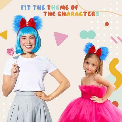 Halloween Blue and Red Bow Headband Large Furry Hair Bow Headband Fuzzy Pom Hairband for Women Girls Holiday Party