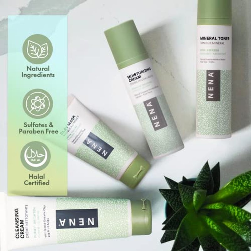NENA Skincare Natural Skincare Kit - Cleansing Cream Face Wash - Clay Mask for Face - Mineral Hydrating Toner - Moisturizing Cream - Vegan - 4 Pc