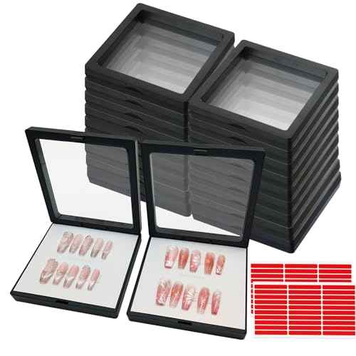Press On Nail Packaging Boxes - 3D Floating Storage and Display Box With 60pcs Double Sided Adhesive Tape for Nail Tech (Black, 4.3 Inch)