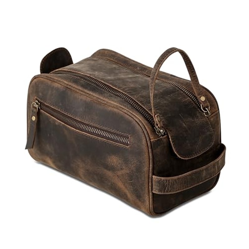 KomalC Leather Toiletry Bag For Men & Women, Handcrafted Buffalo Leather Travel Kit, Water-Resistant Shaving Bag For Men Travel, Premium Rustic Toiletry Pouch with Zipper Closure