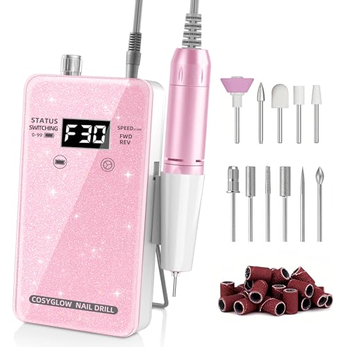 Professional Electric Nail Drill File:COSYGLOW Glitter Portable Cordless E-File Nail Drill Kit with 11 Drill Bits,30000 RPM Rechargeable Nail Drills Machine for Acrylic Nails Gel Polishing (Pink)