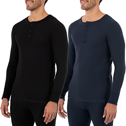 Fruit of the Loom Men's Recycled Waffle Thermal Underwear Henley Top (1 and 2 Packs), Black/Navy, 5X-Large