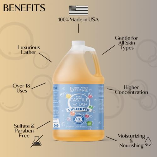 Brittanie's Pure Organic Castile Liquid Olive Oil Soap Refill, 1 Gallon Unscented | Face, Body Wash, All Purpose Cleaner, Dishes, Pets & Laundry | Vegan, Biodegradable, Made in USA
