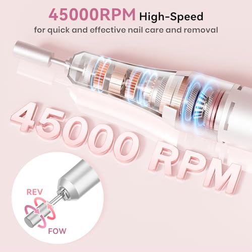 Professional Electric Nail Drill 45000RPM, Portable Nail File for Acrylic Gel Nails, Cordless Rechargeable Salon-Grade Ultra Power Nail Drill Kit for Shaping, Polishing & Removing Gel Nails