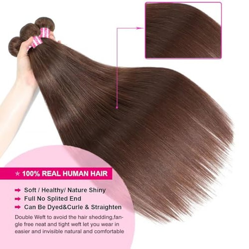 Younsolo Brown Bundles Human Hair Straight 3 Bundles 100% Unprocessed Brazilian Bundles Human Hair 12A Chocolate Brown Straight Bundles Hair Extensions 4# Color 18 20 22 Inch