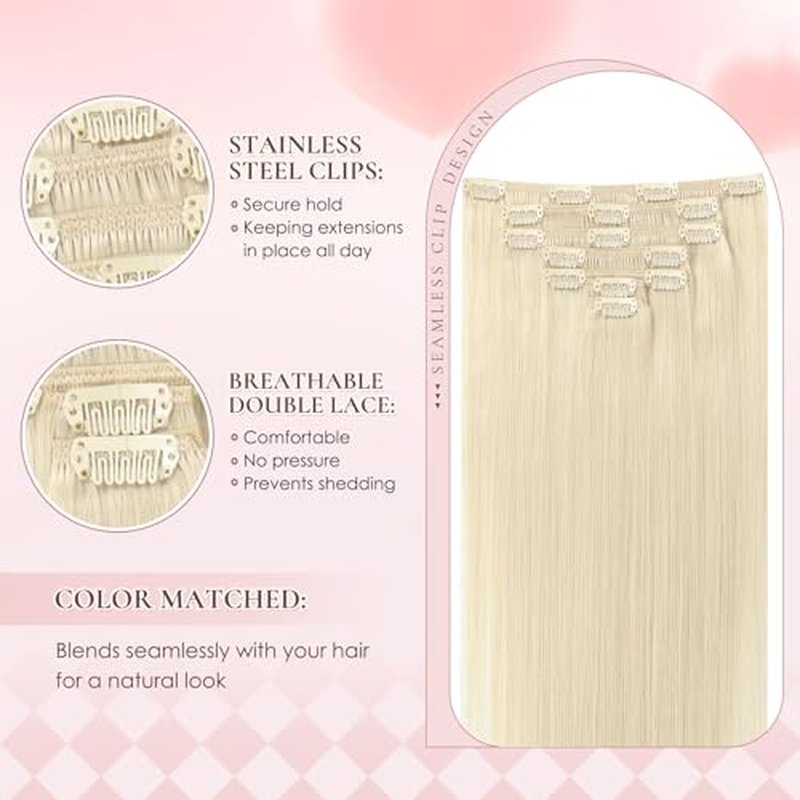 Invisible Clip in Real Human Hair Extensions,18 Inch Platinum Blonde Remy Thick Straight Clip Hair, 7 Pieces With 16 Clips 85 Gram No Slip No Shedding Comfortable All Day Wear