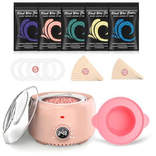 Waxing Kit for Women with 14oz 5 Bags Hard Wax Beans, Digital Display Blush